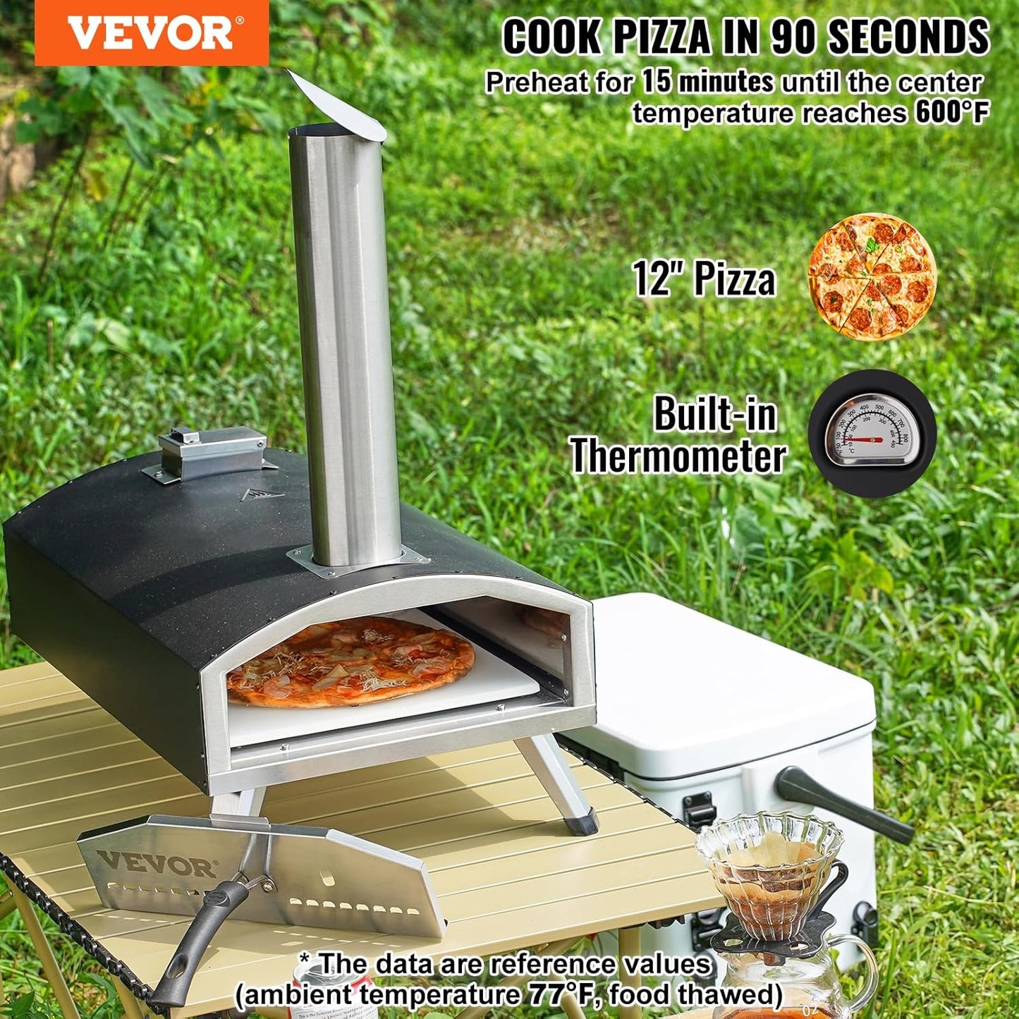 VEVOR OUTDOOR Pizza Oven, 12 Inch Wood Fired Pizza Ovens, Pellet Pizza Stove with Thermometer, Portable Pizza Maker for Outside Backyard Patio Camping, Pizza Stone, Carry Bag, Shovel, Black