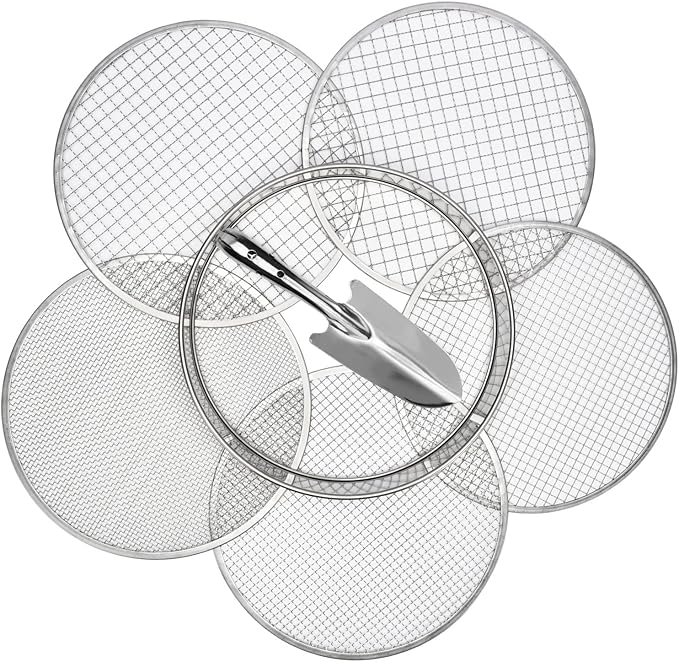 Soil Sieve Garden Potting Riddle Sieve Stainless Steel Soil Sieve Set, With 5 Interchangeable Filter Mesh Sizes 3,6,9,10,12mm and Bonus Spade
