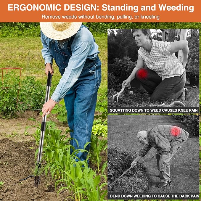 SEFONE Weed Puller Tool, Gardening Stand Up Weeder Tools with Long Handle 58” Manual Weeder Remover for Yard Lawn Patio and Garden Without Bending Pulling or Kneeling