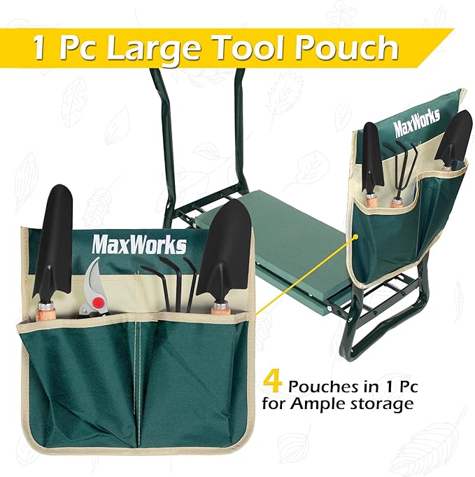 MaxWorks 50921 Folding Garden Kneeler Stool with 8 inch Wide Kneeling Pad, with 1 Tools Pouch for Planting and Gardening (Pack of 2)