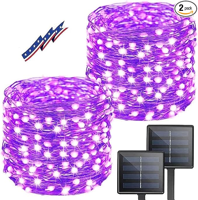 Purple Halloween Solar String Lights Outdoor, 2-Pack 80FT 200LED Solar Twinkle Light Waterproof, Copper Wire 8 Modes Purple Fairy Lights for Garden, Fence, Tree Decor, Halloween Decoration Outdoor