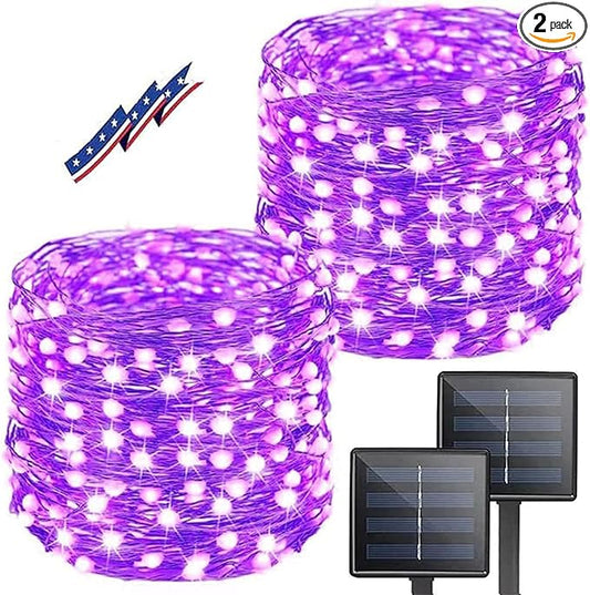Purple Halloween Solar String Lights Outdoor, 2-Pack 80FT 200LED Solar Twinkle Light Waterproof, Copper Wire 8 Modes Purple Fairy Lights for Garden, Fence, Tree Decor, Halloween Decoration Outdoor