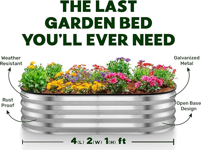 Galvanized Raised Garden Beds Outdoor // 4×2×1 ft (2-Pack) Planter Raised Beds for Gardening, Vegetables, Flowers // Large Metal Garden Box (Silver) // Patented Tool-Free Design