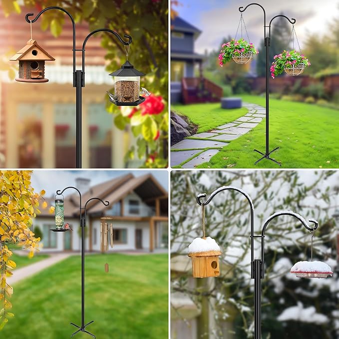 XDW-GIFTS Double Shepherds Hooks for Outdoor, 2-Pack Heavy Duty Garden Pole for Hanging Bird Feeder, Plant Baskets, Solar Light Lanterns, Garden Plant Hanger Stands with 5 Base Prongs