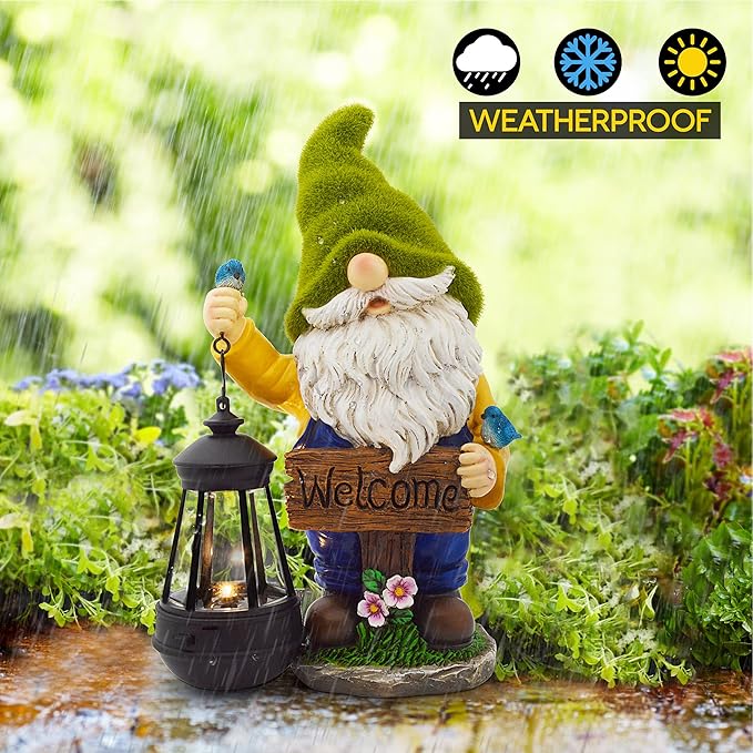 Garden Gnomes Outdoor - Flocked Gnome Statue Holding Lantern with Solar LED Lights | Gnomes Garden Decorations for Patio, Yard, Lawn Ornaments - Gnome Gifts