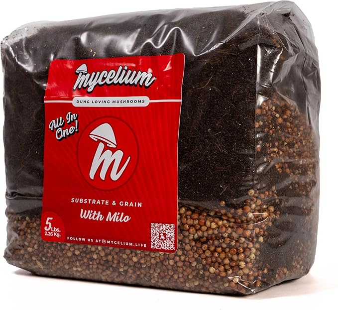 Mycelium's Superior Dung-Loving Mushroom Substrate & Milo Grain 5 LB All-in-One Bag – Organic Coco Coir, Vermiculite & Gypsum Formula, Pre-Sterilized & Ready for Easy Home Cultivation