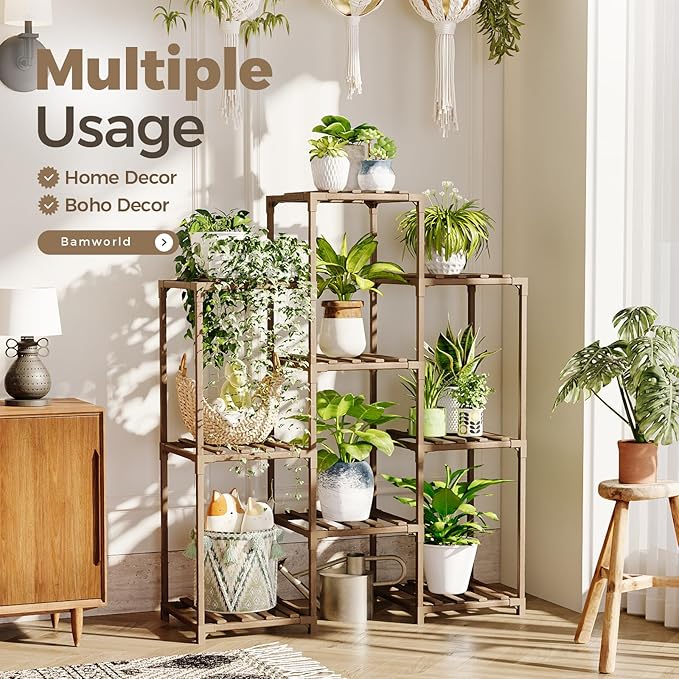 Bamworld Plant Stand Indoor Plants Shelf Outdoor Wood Plant Rack for 4 Tiers Large Flower Stand for Multiple Plants Ladder Plant Holder for Living Room Boho Home and Gardening