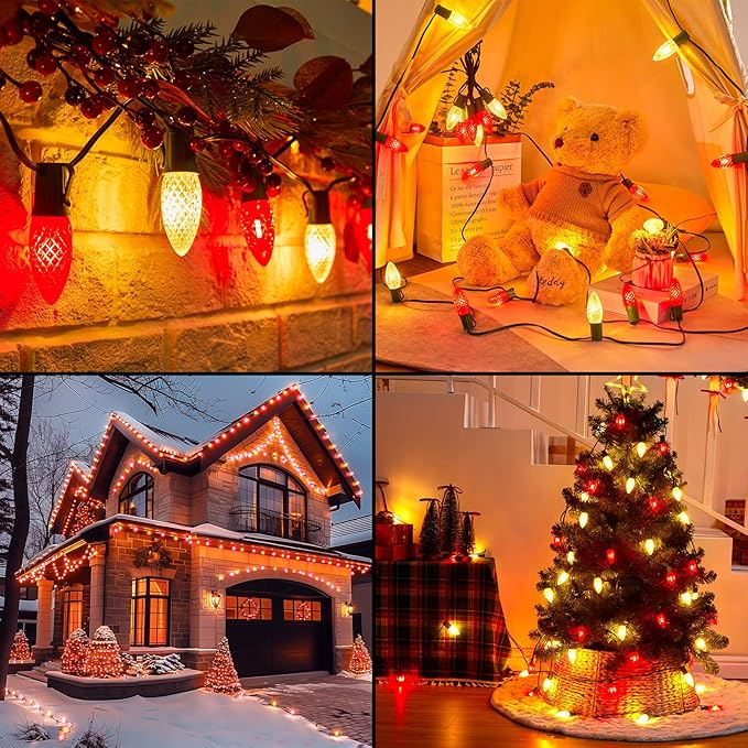 C9 LED Christmas String Lights Outdoor, 26 Feet 20 LED Christmas Pathway Lights with 20 Plastic Stakes, Connectable Waterproof for Driveways Xmas Holiday Patio Decoration, Red and Warm White