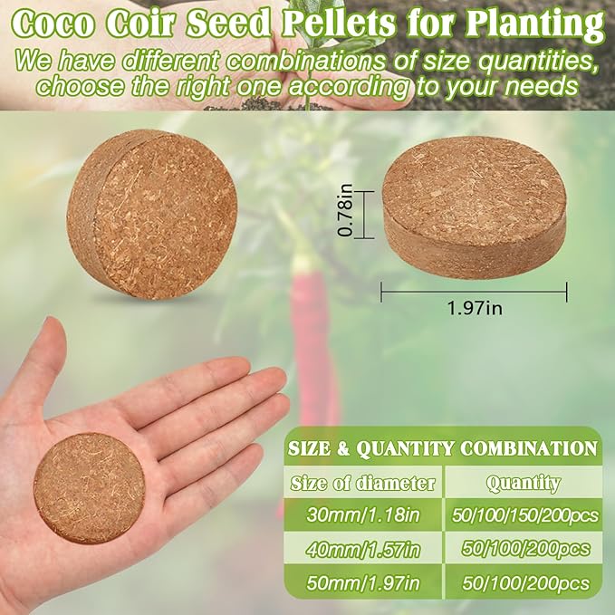 ZeeDix 200Pcs 50mm Compressed Coco Coir Fiber Potting Soil Seed Starters - Organic Coco Coir Pellet Fiber Soil for Planting Bonsai, Herbs, Flowers and Vegetables