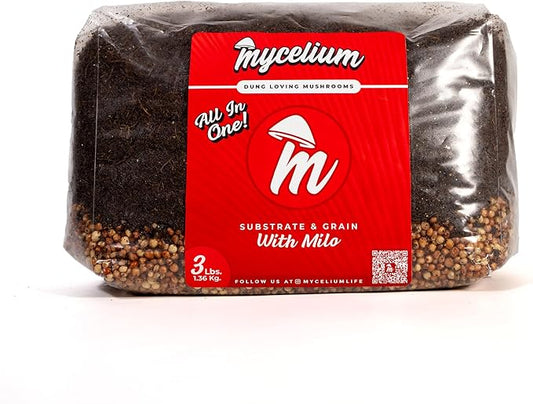 Mycelium's Superior Dung-Loving Mushroom Substrate & Milo Grain 3 LB All-in-One Bag – Organic Coco Coir, Vermiculite & Gypsum Formula, Pre-Sterilized & Ready for Easy Home Cultivation