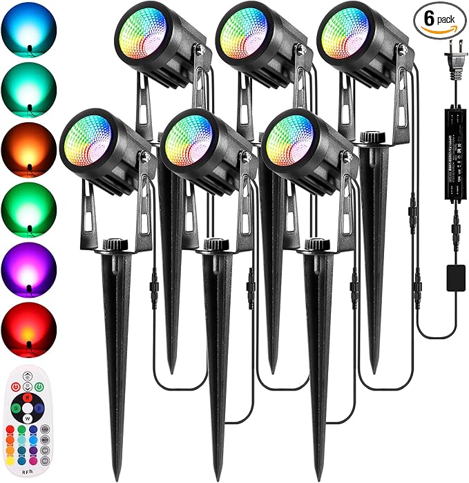 ECOWHO 25W RGB Color Changing Landscape Lights,1800LM Low Voltage LED Landscape Lighting 69ft Extendable LED Spotlight with Remote Transformer IP65 Waterproof for Garden Yard Pathway House 6 Pack