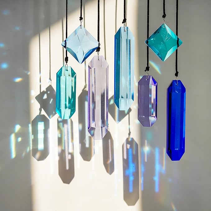 HDCRYSTALGIFTS Crystal Prisms Sun Catchers, 7PCS Blue Dreams Suncatcher Hanging Kit Rainbow Maker Pendant Ornaments for Indoor Window Outdoor Garden Christmas Tree Decor