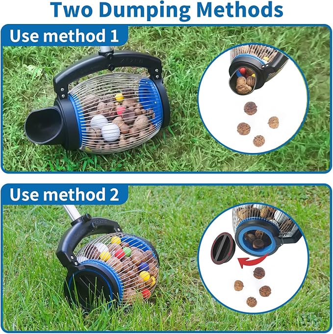 Zozen Nut Gatherer, 2 Dumping Method | Walnut Picker Upper, Pecan Picker Upper - Apply to Walnut, Pecan, Hickory, Chestnuts, Buckeyes, Nerf Balls, Golf, Pick up Objects Size 3/4'' to 1.5''; 1 Gallon