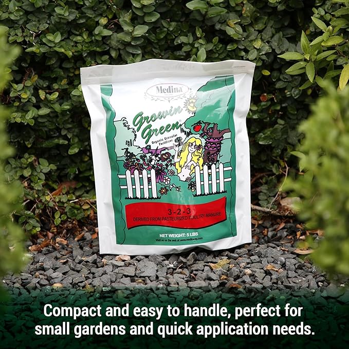 Medina Growin Green Organic Granular Fertilizer - 5 lb Bag - Nutrient Rich Soil Enhancer 3-2-3 Granules for Lush Gardens, Lawns, and Plants - Covers 375 Sq. Ft.