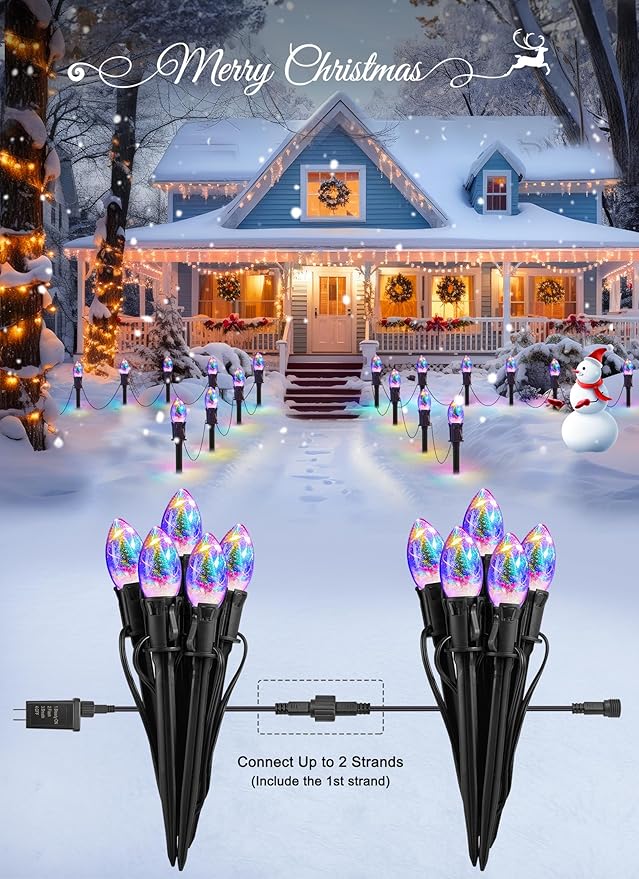 C9 Christmas Pathway Lights Outdoor, 45FT 40 LED Christmas String Lights with Stakes, 4 Light Modes, Waterproof Connectable Christmas Decorations for Outside Lawn Yard Sidewalk Driveway, Multicolor