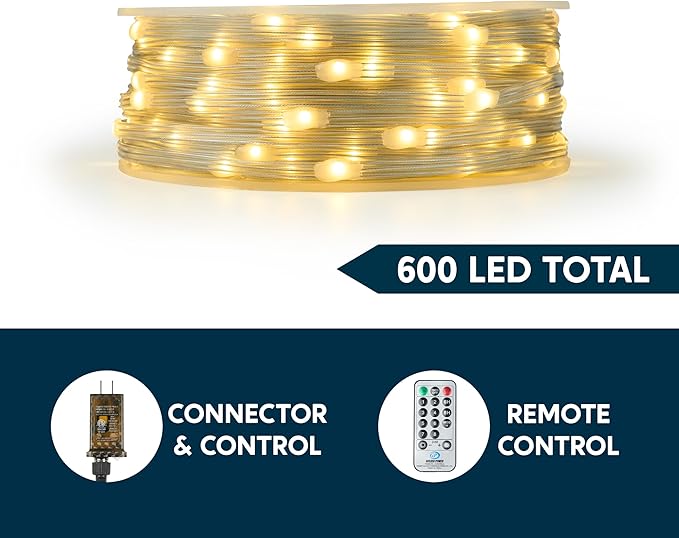 Joiedomi 600 LED Christmas Lights Outdoor,197 FT Warm White Christmas Tree Lights with 8 Modes Timer, PVC Clear Wire String Lights with Reel for Indoor Outdoor Holiday Xmas Eve Night Decorations