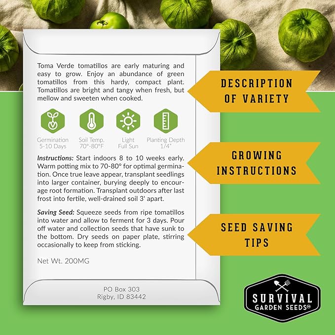 Survival Garden Seeds - Toma Verde Tomatillo Seed for Planting - 3 Packs with Instructions to Plant & Grow Green Salsa Vegetables in Your Home Vegetable Garden - Non-GMO Heirloom Variety