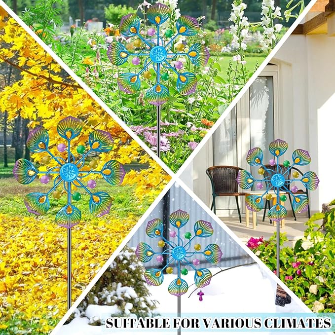 Peacock Wind Spinner Outdoor, Standing Wind Sculpture Yard Art Decorations, Metal Windmill for Patio Lawn & Garden Decor (1pcs-Blue Green)