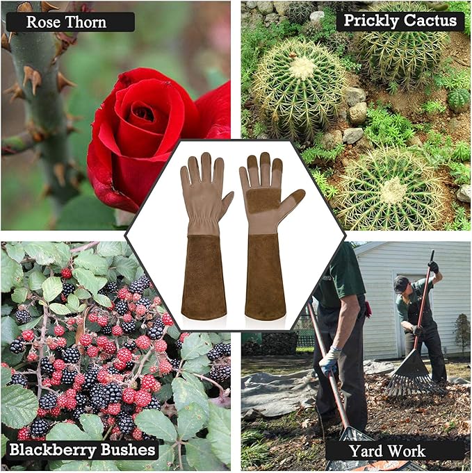 HANDLANDY Long Gardening Gloves for Men & Women, Cowhide Leather Rose Pruning Gloves- Breathable & Durable Gauntlet Gloves (Large, Brown)