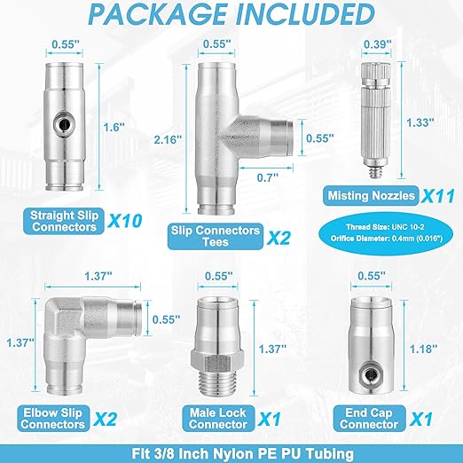 Mornajina 27Pcs Slip-Lock Misting Nozzle Tees with Slip Connector for 3/8 inch Drip Irrigation Tubing Kit, Including 11pcs Mister Nozzles Orifice 0.016", 16pcs 3/8" Brass Slip Connector, High Pressure