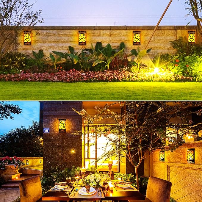 Solar Flame Lights Outdoor, Realistic 3D Flickering Flames with 66 Ultra-Bright LEDs - Waterproof Wall Mount Lanterns for Deck, Fence, Patio, Garden, Auto On/Off (4-Pack Value Set)