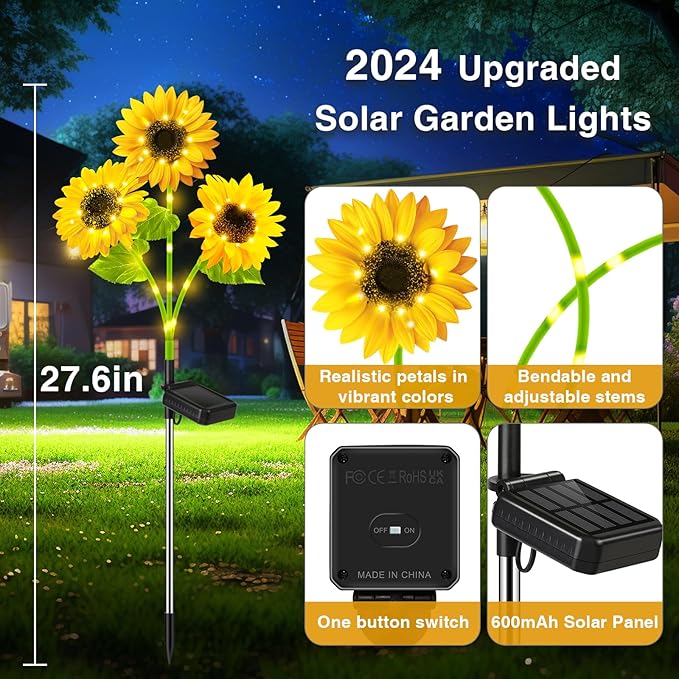 Solar Sunflower Garden Lights: 6 Pack of 18 LED Artificial Solar Flowers, IP65 Waterproof for Pathway, Walkway, Porch, Landscape, Yard Decorations