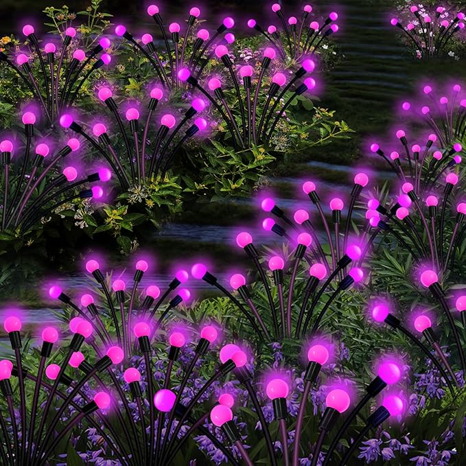 Solar Garden Lights Outdoor, 6 Pack 60 LED Solar Pink Firefly Lights Waterproof, Sway by Wind, Solar Swaying Light for Yard Patio Backyard Garden Planter Flower Bed Pathway Outdoor Decoration