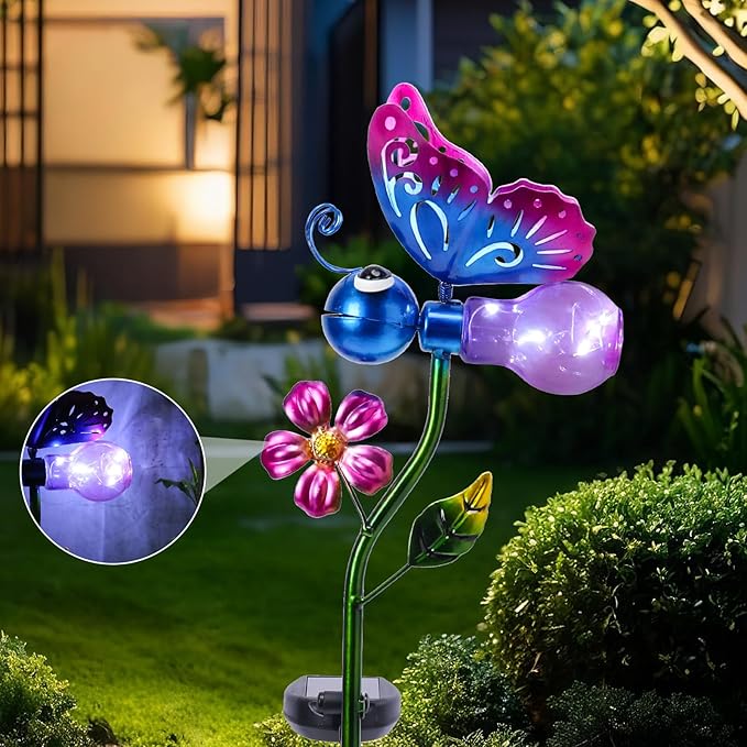 VCUTEKA Solar Garden Lights Metal Flower Decor Colorful Solar Pathway Light with LED Cracked Crystal Ball Outdoor Decorative Stake for Patio Yard Lawn Garden Decor (Purple)