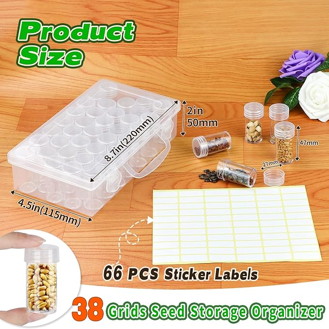 Seed Storage Box, Seeds Storage Organizer with Label Stickers(seeds not included), 38 Slots, Seed Container Storage use for Flower Seeds,Vegetable Seeds, Clover Seeds,Basil Seeds,Tomato Seeds
