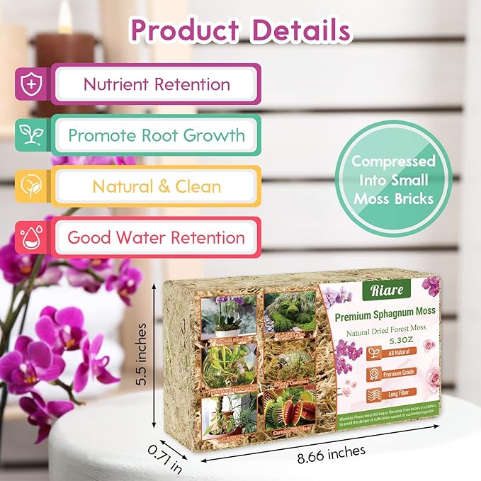 Riare 5.3 OZ Premium Sphagnum Moss for Plants- 6QT Natural Long Fiber Sphagnum Peat Moss Dried, Plants Moss Orchid Potting Mix for Orchids Repotting, Carnivorous Succulent Potted Plants and Reptiles