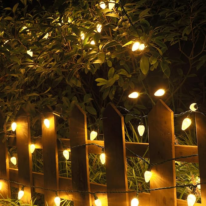 DEWENWILS C7 Warm White Christmas Lights, 33.3ft 50 LED String Lights Waterproof, Indoor/Outdoor Decorations for Xmas Tree, Patio, Garden, Yard, Porch, Green Wire, UL Listed