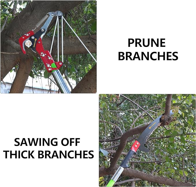 7-27 Feet Pole Saws for Tree Trimming, tree trimming manual branch trimmer set, extendable hand saw, long-handled trimmer with storage bag attachment.Green.