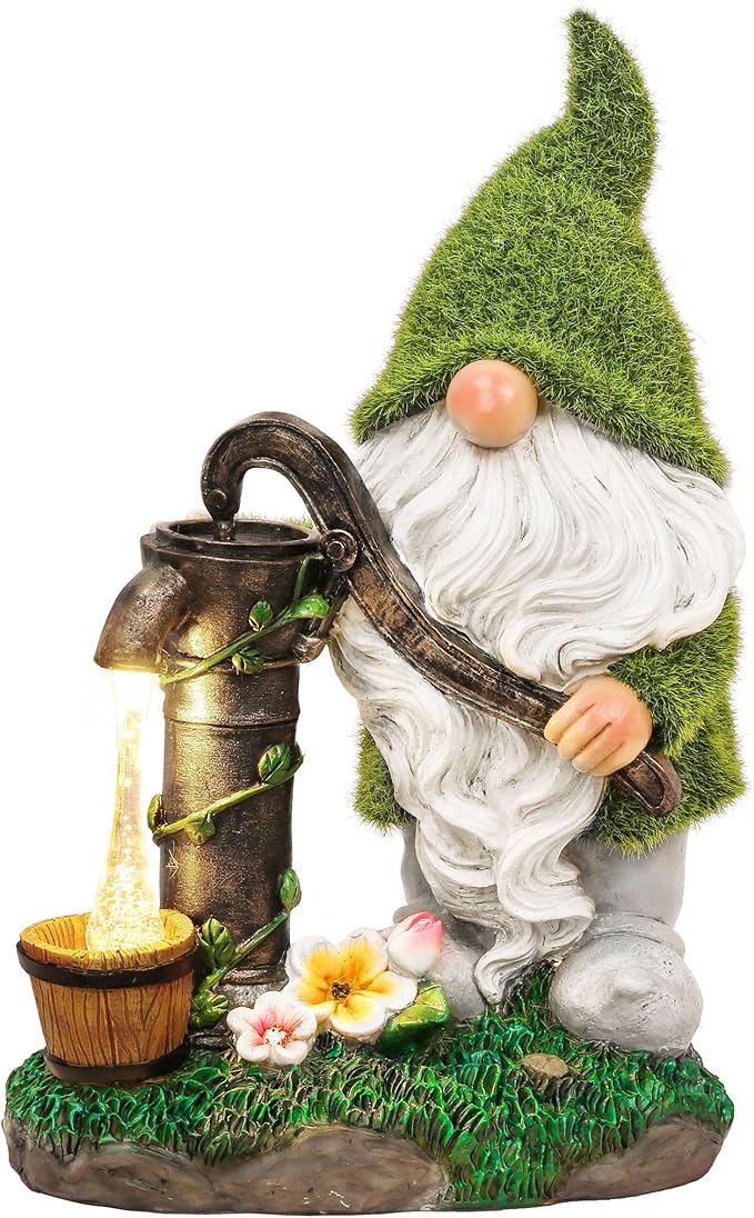 TERESA'S COLLECTIONS Resin Garden Gnomes Decor with Solar Lights, Green Outdoor Decorations for Porch Patio, Gifts for Women and Men，Outdoor Garden Decor Ornaments for Outside, 10"