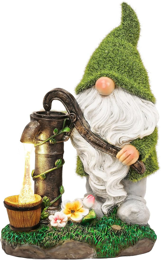 TERESA'S COLLECTIONS Resin Garden Gnomes Decor with Solar Lights, Green Outdoor Decorations for Porch Patio, Gifts for Women and Men，Outdoor Garden Decor Ornaments for Outside, 10"