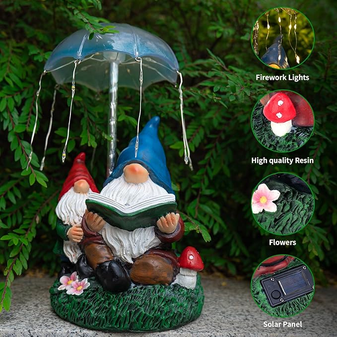 mopha Garden Gnomes Statues Outdoor Decor Gifts, Resin Figurines Outside Decoration Ornaments Clearance Gardening Decoration, Solar Powered Umbrella Fireworks Lights