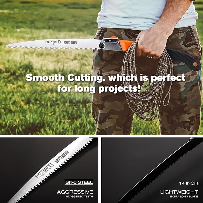 REXBETI Folding Saw, Extra Long 14 Inch Blade Backpacking Saw for Hiking Camping, Dry Wood Trimming Pruning Saw With 4 Cutting Angle Hard Teeth, Large Folding Saw with SK-5 Steel