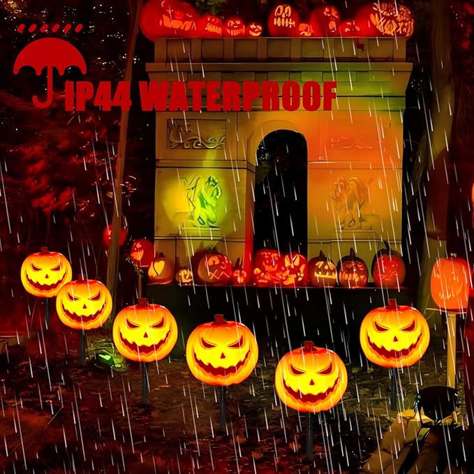 4 Pack Halloween Smiley Pumpkin Pathway Lights, 7Ft LED Decorative Outdoor String Lights Plug in With 4 Jack O Lantern Stakes for Garden Yard Walkway Party Decor