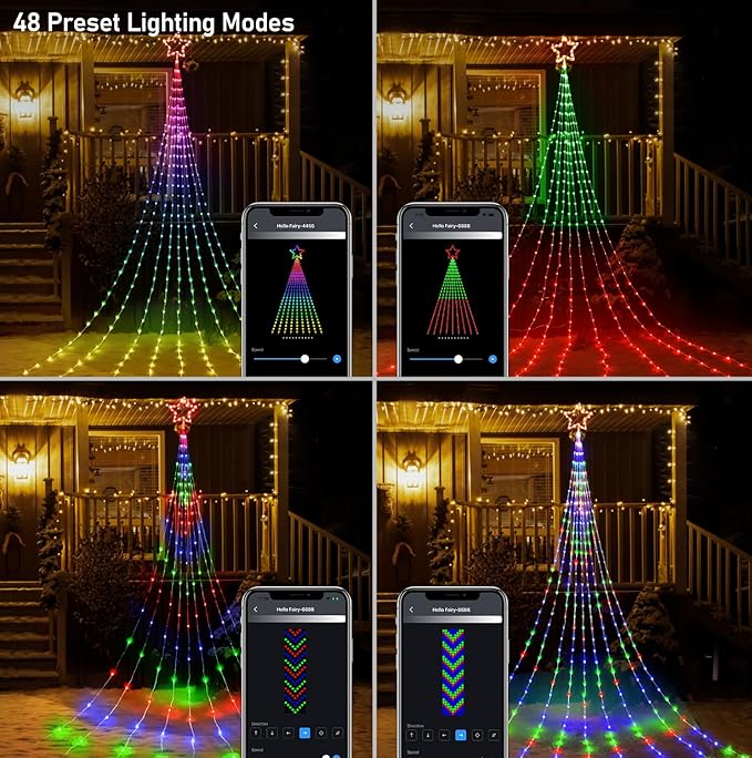 Christmas Decoration Smart Outdoor Star String Lights, 11.8Ft Christmas Tree Toppers Lights App Programmable, 344 LED 48 Modes Waterfall Lights with 12" Lighted Star for Xmas New Year Holiday Decor