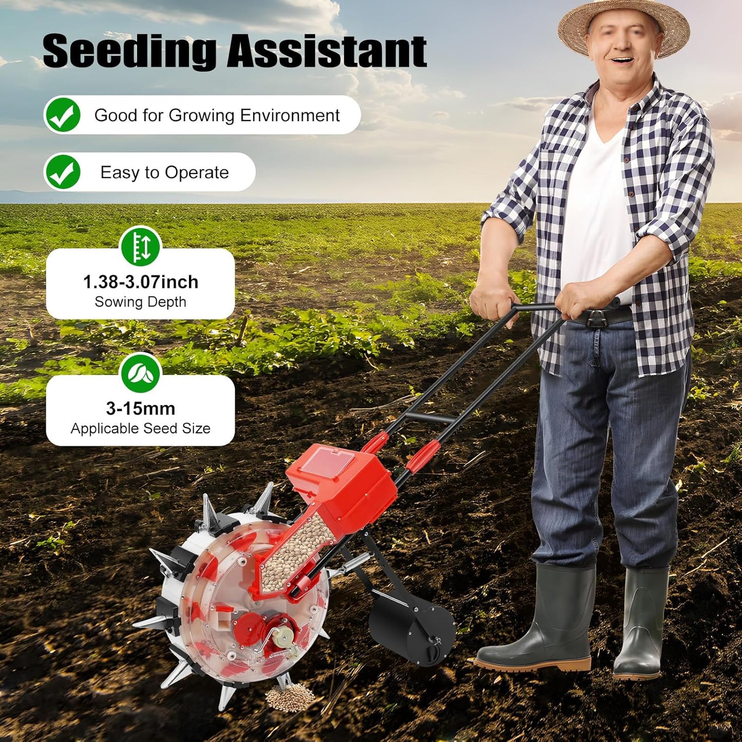 Manual Seeder,Garden Hand-Push Seeding Machine Walk-Behind Row Crop Planter Roller Seeding Hand Push Seeder for Soy Peanut Corn Cotton Soybean (10 Nozzles)