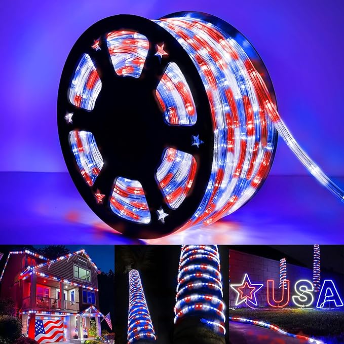 50ft LED Rope Lights Outdoor,360 LED Connectable & Flexible Tube Lights with 8 Modes, Waterproof LED Rope Lighting for Independence Flag Day, Memorial Day, Outdoor,Indoor Decor (Red & White & Blue)