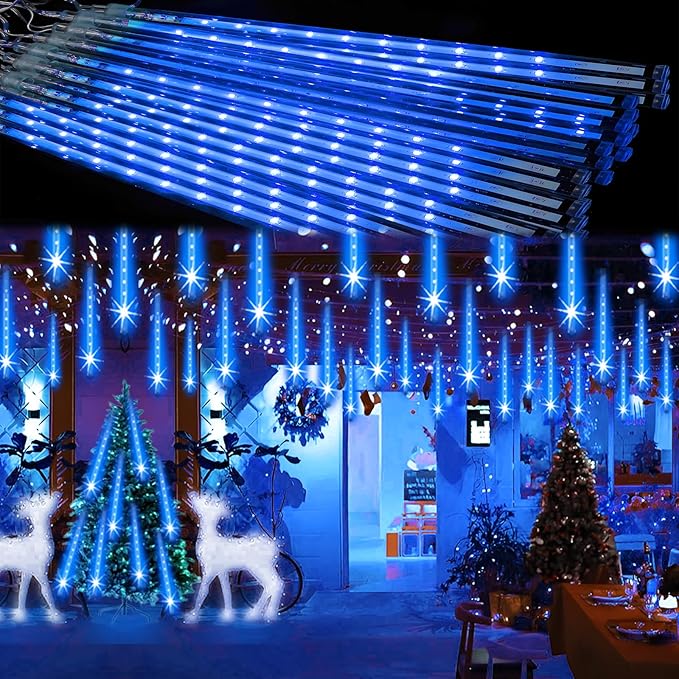 Christmas Lights Outdoor Meteor Shower Lights 24-Tube 576LEDs Snow Falling Rain Cascading Icicle Light for Xmas Tree Christmas Decorations Wedding Party Holiday Garden Decor, UL Plug Blue