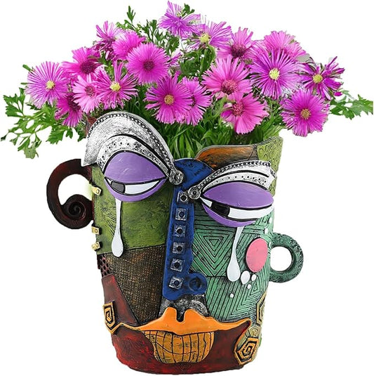 Picasso Brutalist Abstract Beauty Face Flower Pot Ornaments Abstract Face Flower Pots Abstract Head Planter Pots Container Colorful Face Art Abstract Resin Flower Pot (Picasso's tearful flowerpot)