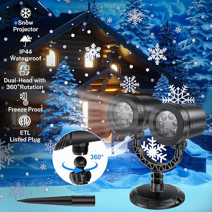 Christmas Projector Lights Outdoor - 2024 Upgraded Double Head Brighter Waterproof LED Snowflake Projector Lights for Outdoor & Indoor Parties, Garden, Patio, and Christmas Decorations