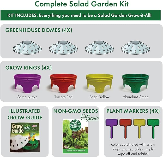 Salad Garden Kit with Grow Rings, Greenhouse Germination Domes, Seeds, Markers, Instructions – Gardening Gift for Mom, Teachers, Women, and Men – Made in USA