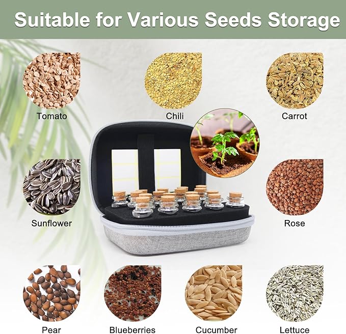 【18 Slots】 Seed Storage Organizer, Sturdy Seed Organizer Storage Box with Dual Zipper Bag and 21Pcs Label Stickers, Glass Seed Storage Container for Flower Vegetable Plants Garden Seeds Saving