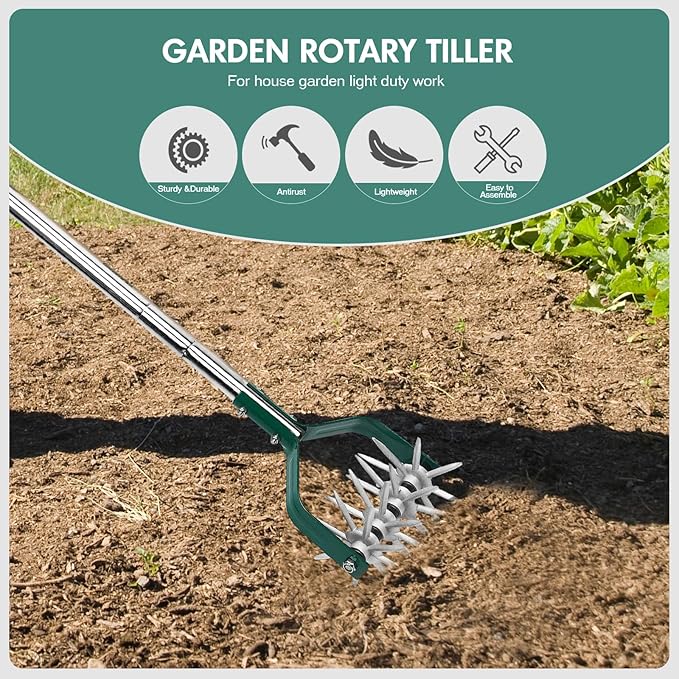 Rotary Cultivator Tiller Adjustable S/S Handle Rotary Tiller with Detachable Solid Metal Tines Garden Cultivator Lawn Tiller and Manual Tiller for Loosing and Mixing Soil