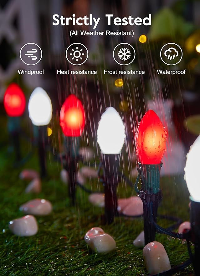 Brightown Frosted C9 LED Christmas Lights Outdoor, 32Ft Christmas Pathway Lights with 25 LED Bulbs and Stakes, Christmas Decorations Outside Driveway Walkway Sidewalk, Red and White