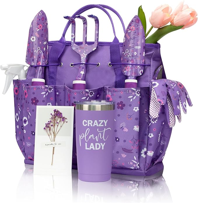 Gardening Gifts for Women, Gardening Tools for Women, Garden Tool Set, Heavy Duty Gardening Hand Tools with Garden Tool Bag, Purple