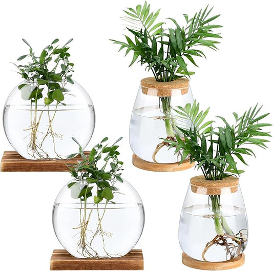 Layhit 4 Pcs Plants Propagation Stations Separated Desktop Plant Terrarium Glass Planter Vase with Wooden Lid and Bamboo Stand for Growing Hydroponic Home Office Tabletop Decoration (Cute Style)