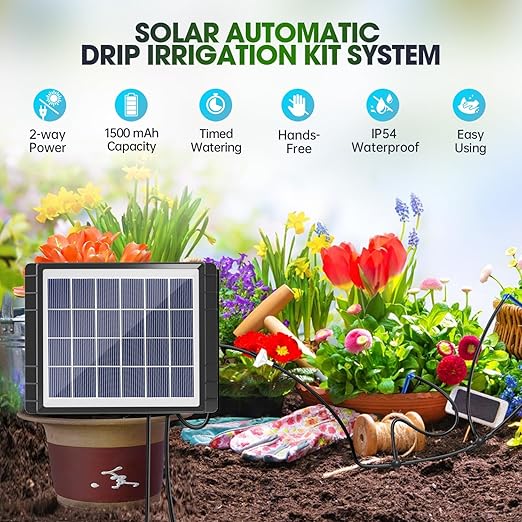 Drip Irrigation System - Skycow Solar & USB Power Automatic Drip Irrigation Kit System 15 Potted Indoor Outdoor Garden Balcony Anti-Siphoning Plant Watering System 25 Timing Mode (Non-Digital Screen)